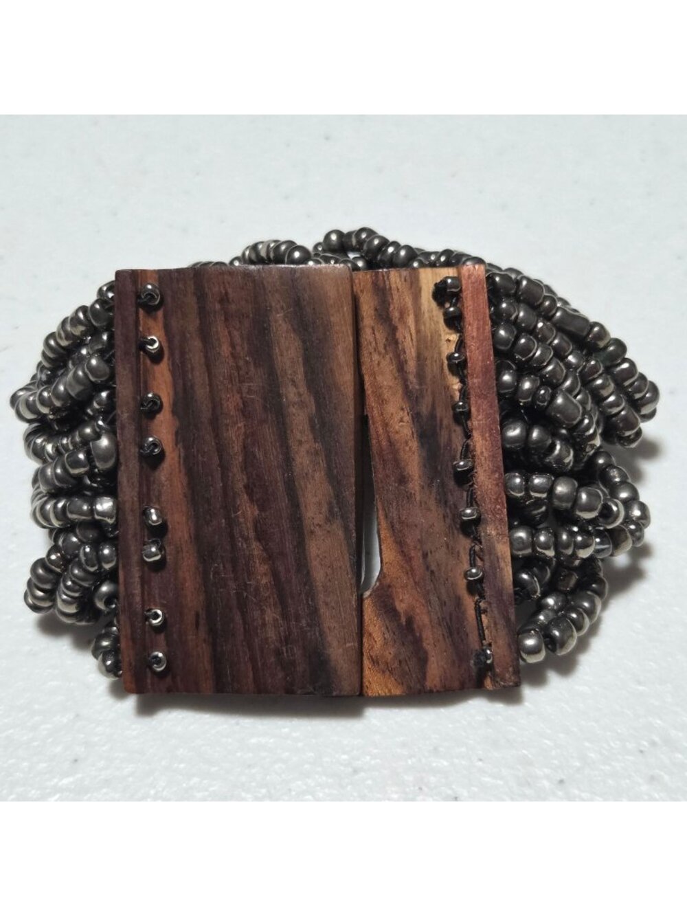 Handcrafted Wooden Seed Beaded Bracelet Stretch Unique Closure Design Jewelry